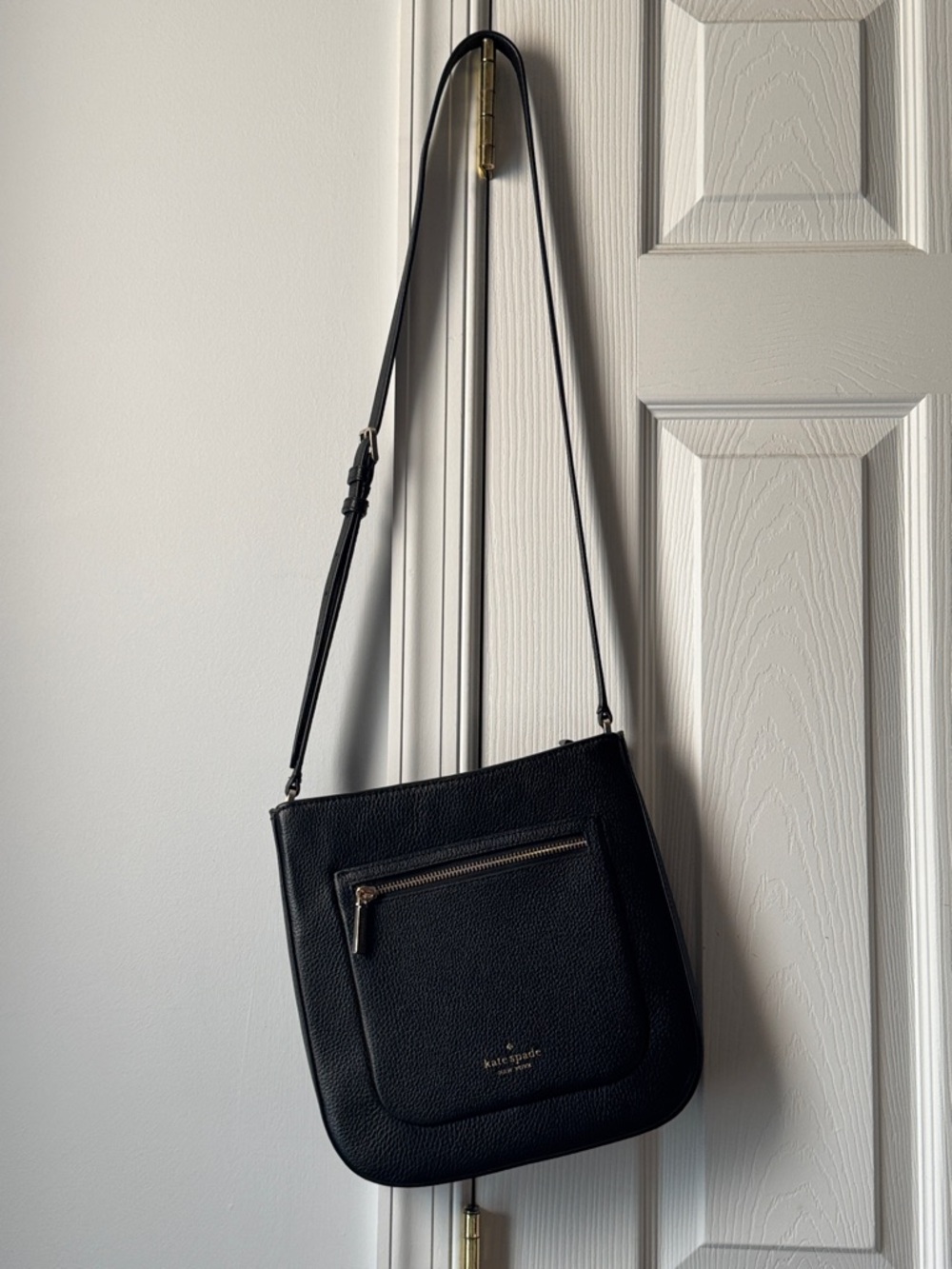 kate spade Black Pebbled Leather Messenger Bag with Gold Hardware